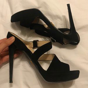 Prada Black Strappy Suede Platform Heels - 7 / 37